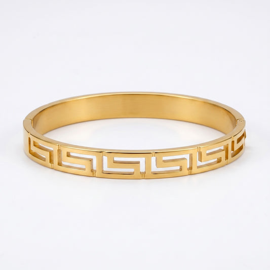 Gold Tone Stainless Steel Greek Key Bangle