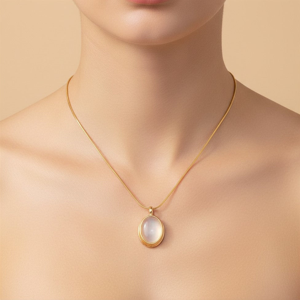 Gold Tone Stainless Steel Oval Stone Pendant Necklace