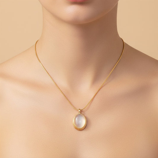 Gold Tone Stainless Steel Oval Stone Pendant Necklace
