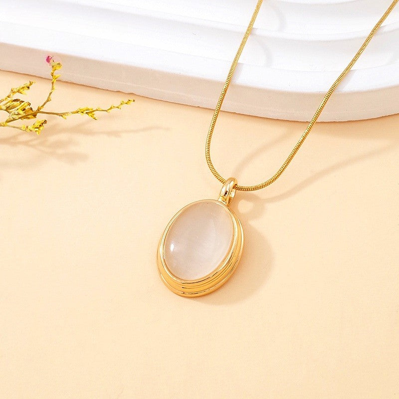 Gold Tone Stainless Steel Oval Stone Pendant Necklace
