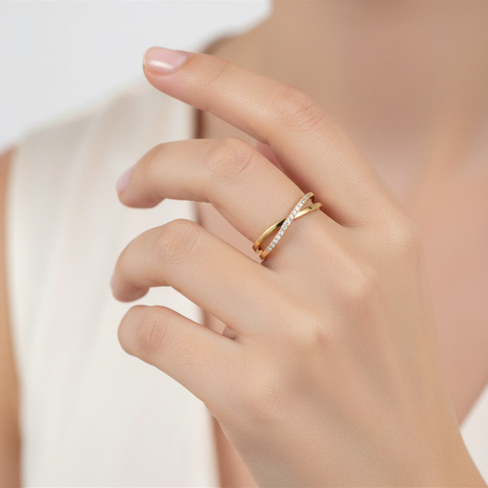Gold-Tone Stainless Steel Minimalist Cross Band Cubic Zirconia Ring