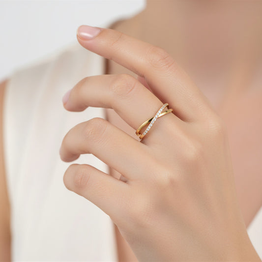 Gold-Tone Stainless Steel Minimalist Cross Band Cubic Zirconia Ring