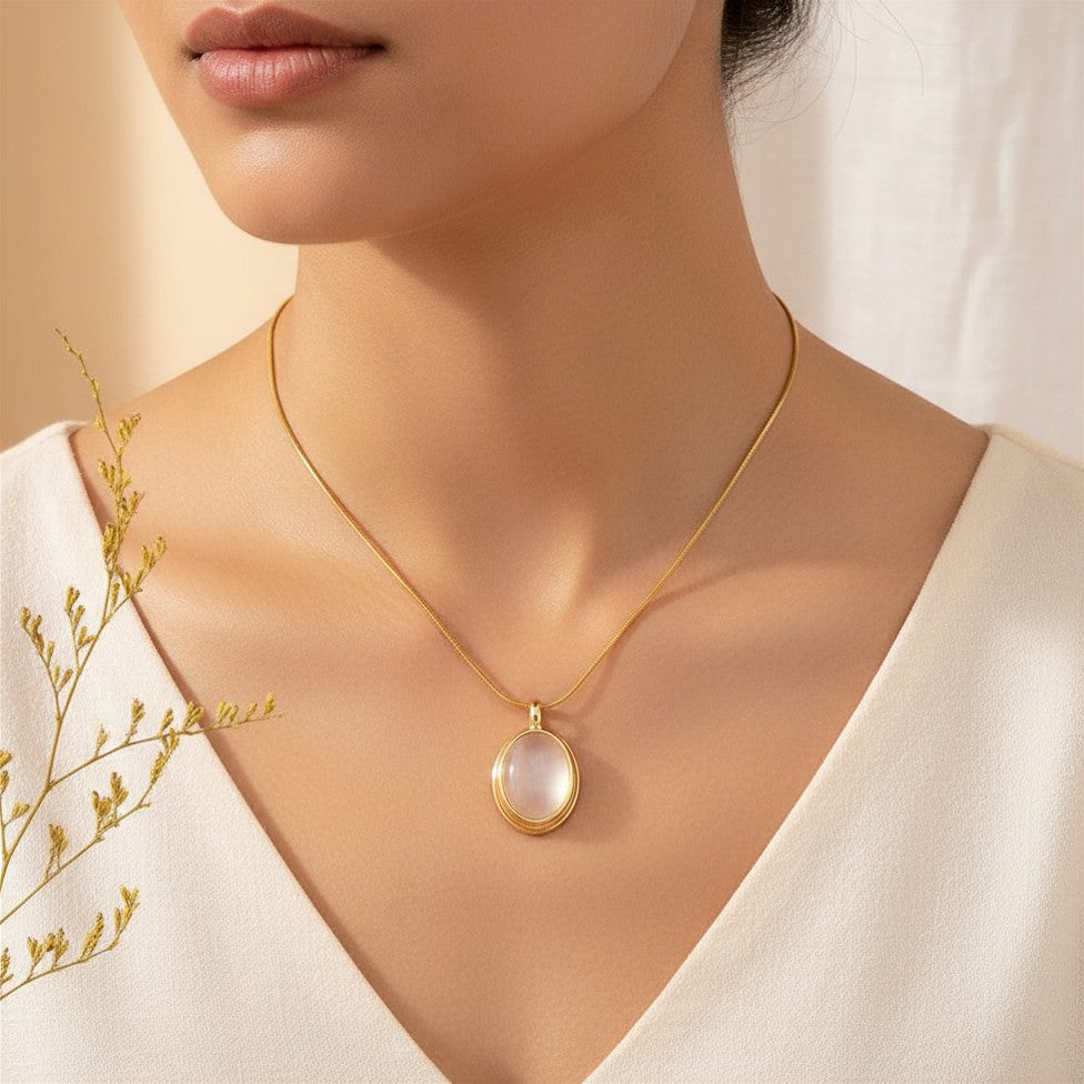 Gold Tone Stainless Steel Oval Stone Pendant Necklace