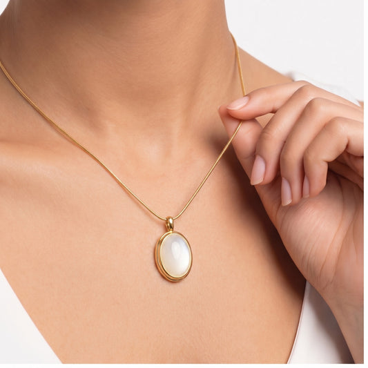 Gold Tone Stainless Steel Oval Stone Pendant Necklace