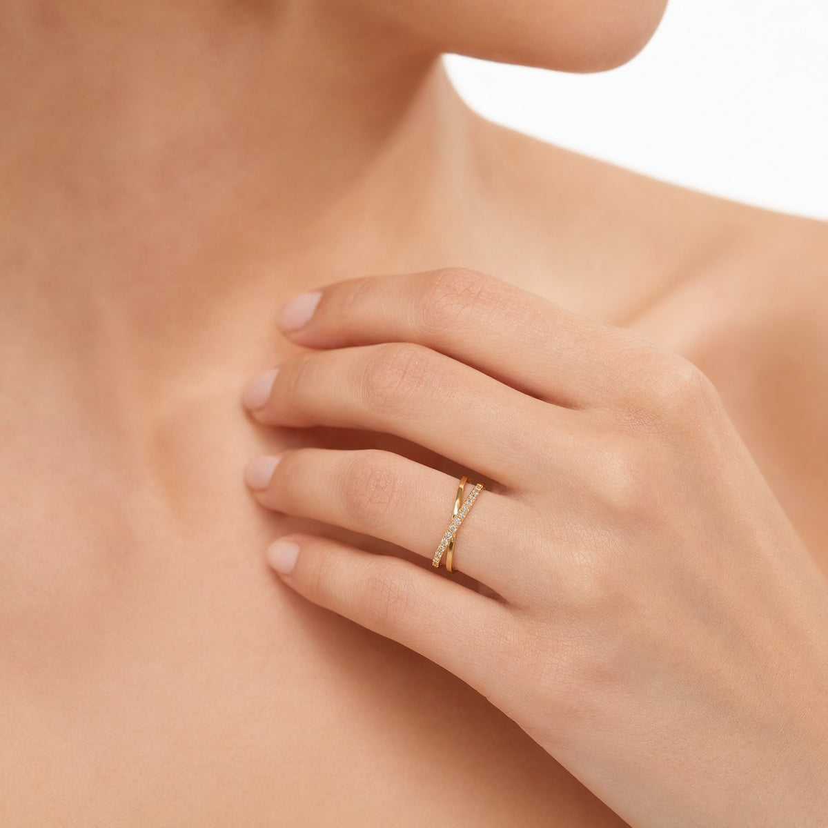 Gold-Tone Stainless Steel Minimalist Cross Band Cubic Zirconia Ring
