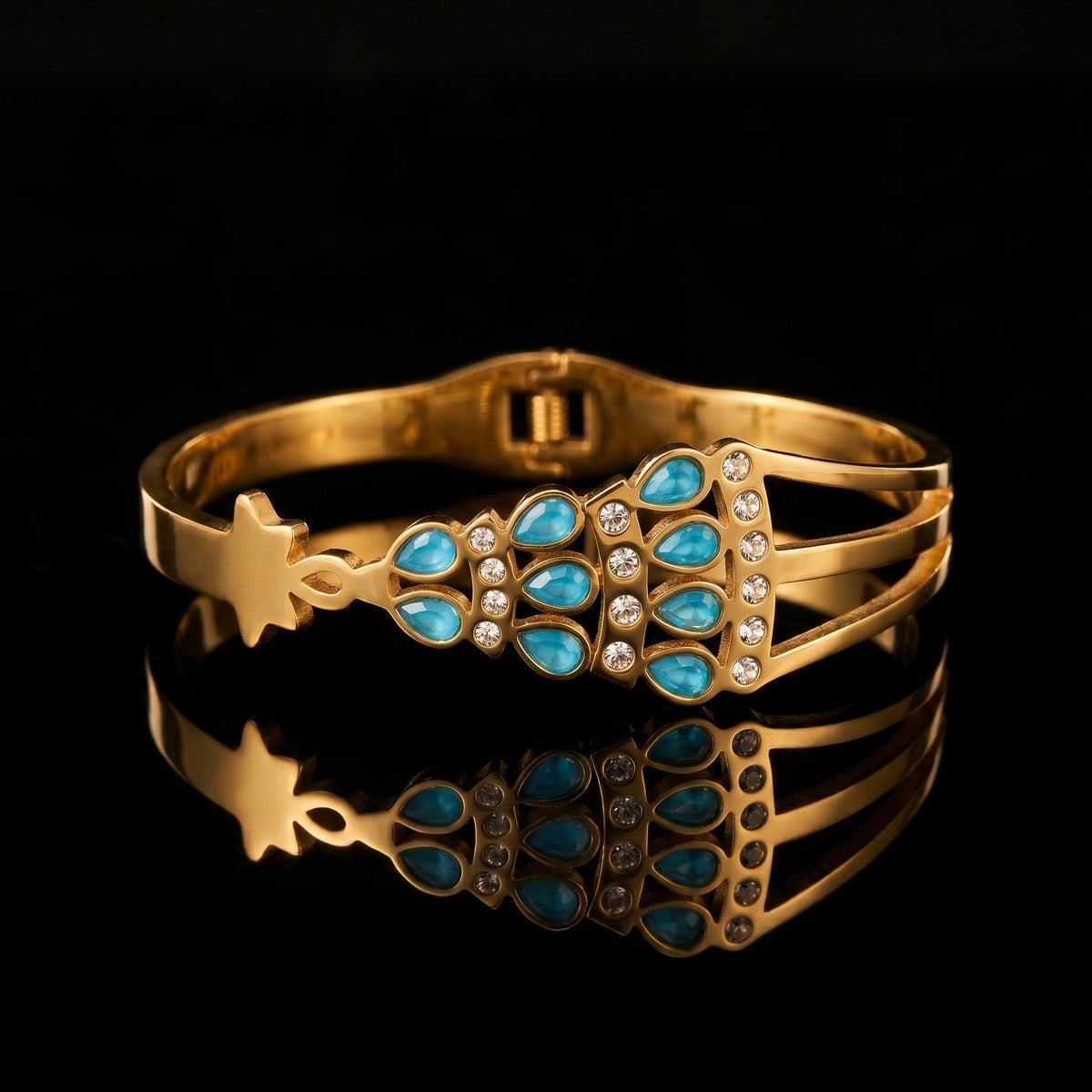 Gold Tone Stainless Steel Blue Crystal Bangle