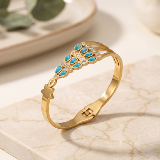 Gold Tone Stainless Steel Blue Crystal Bangle