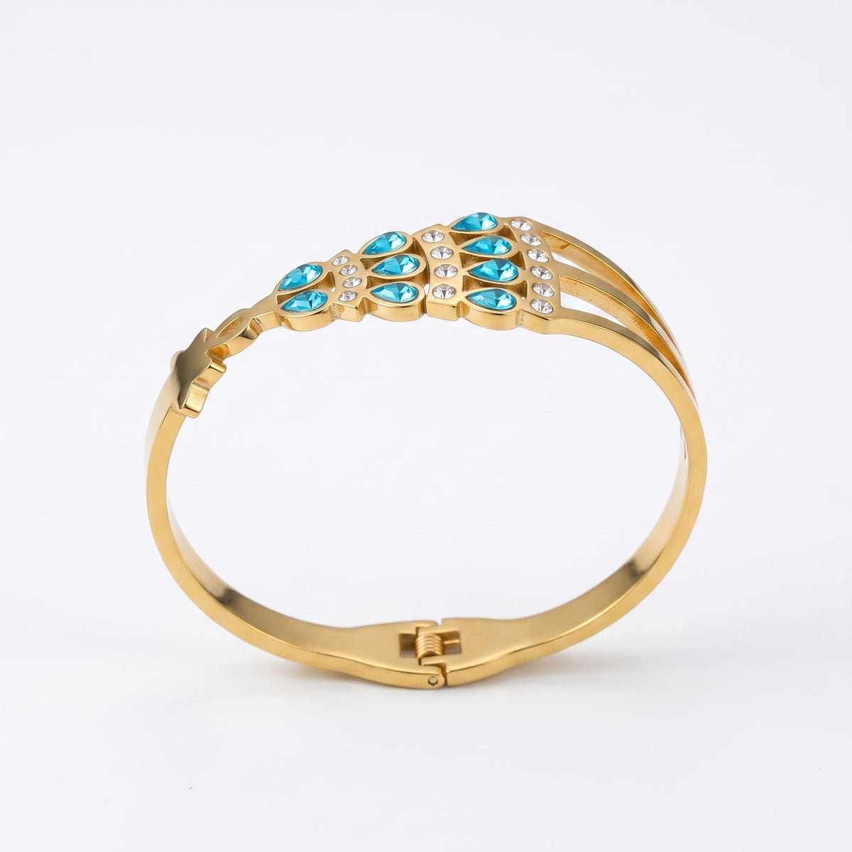 Gold Tone Stainless Steel Blue Crystal Bangle